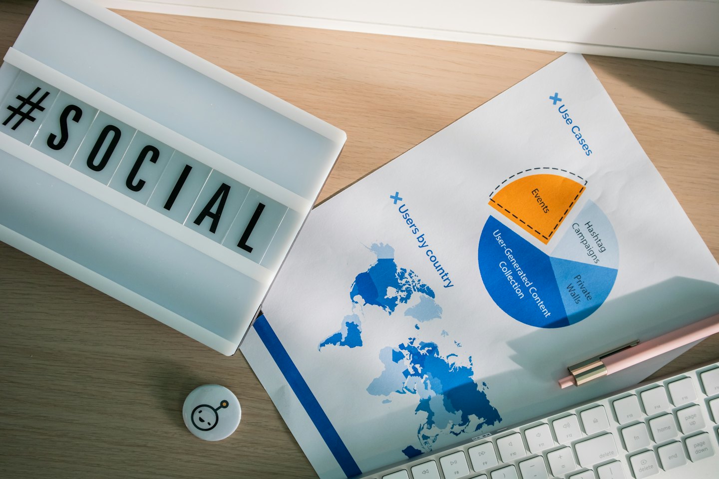 Desk with social media marketing plan and data analytics charts.